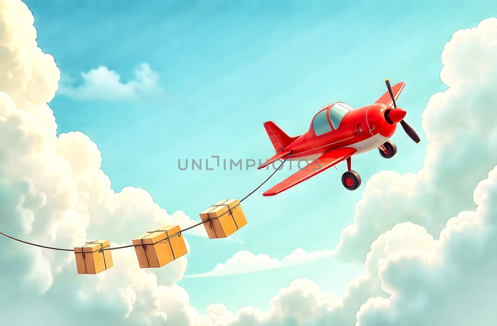 A small red airplane zips through the sky, pulling colorful boxes behind it, showcasing a joyful and efficient delivery service.