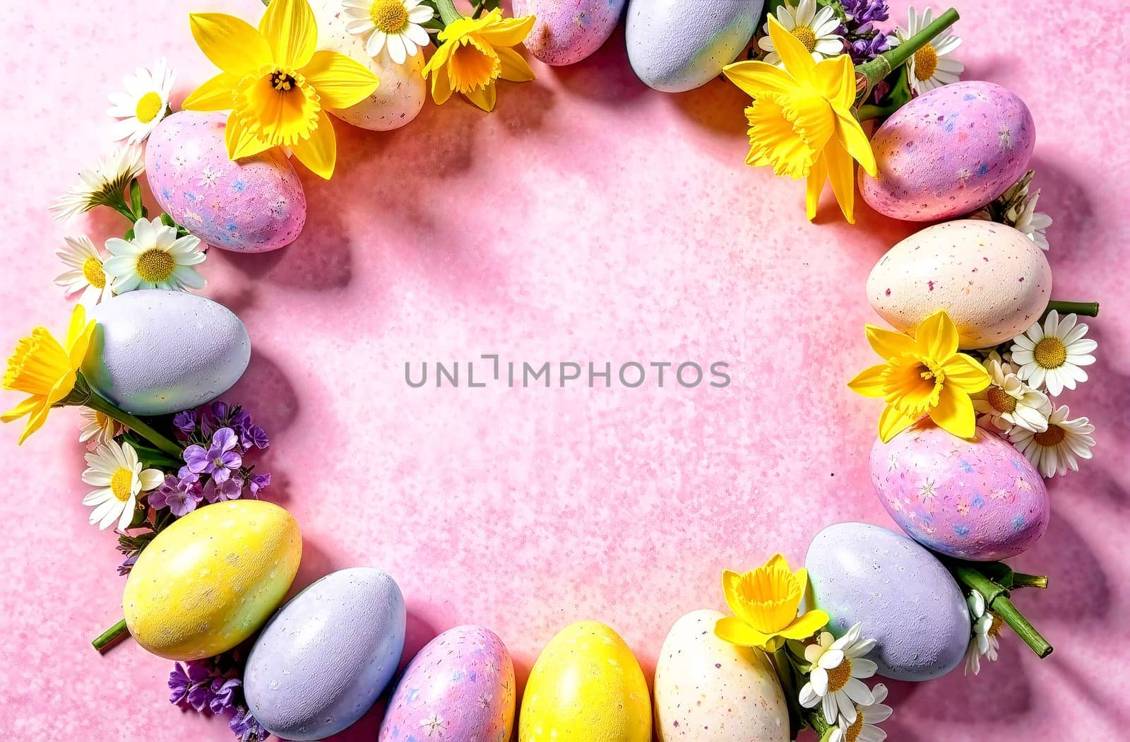 This delightful display features pastel Easter eggs surrounded by cheerful spring flowers, creating a perfect festive atmosphere for celebrations.