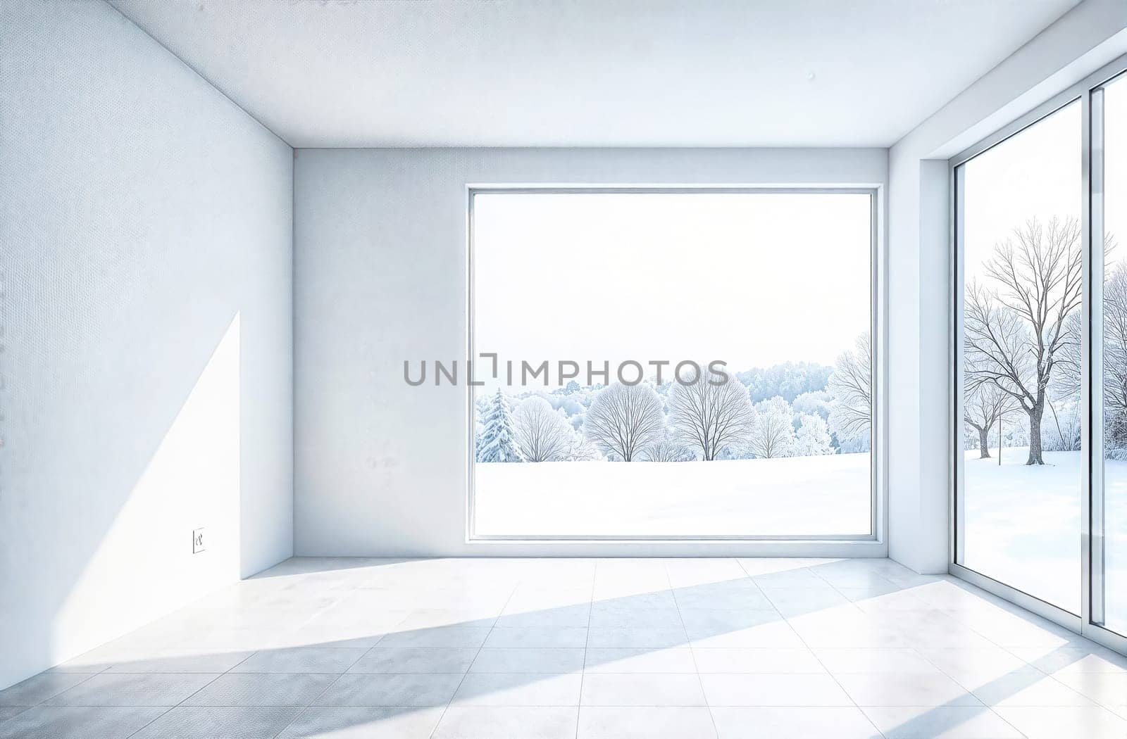 A spacious interior featuring smooth white walls, large windows, and a serene snowy view, creating a calm and inviting atmosphere.