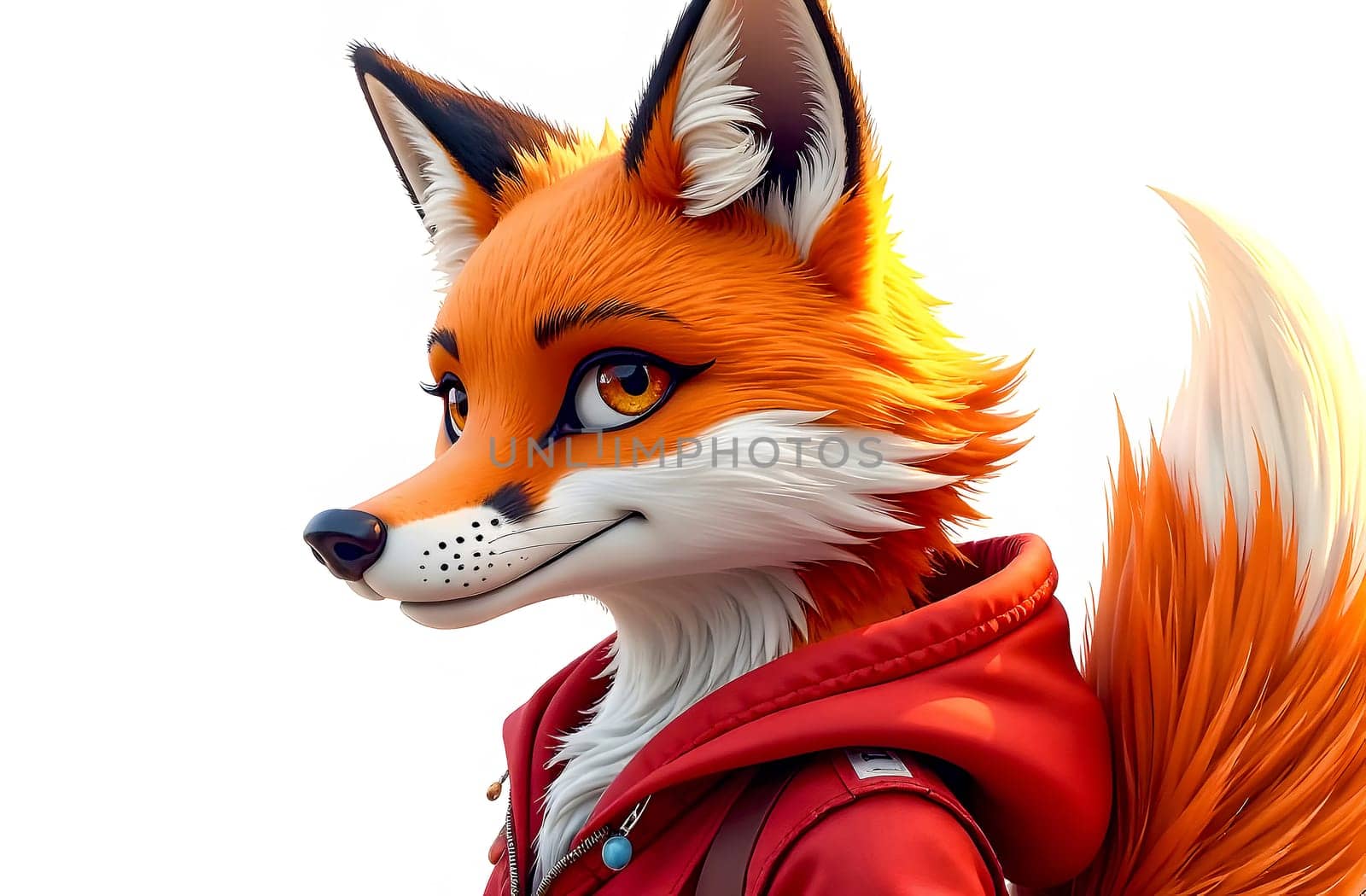 A stylish fox character stands confidently, displaying vibrant fur and a playful expression while dressed in a red hoodie. quadrobists