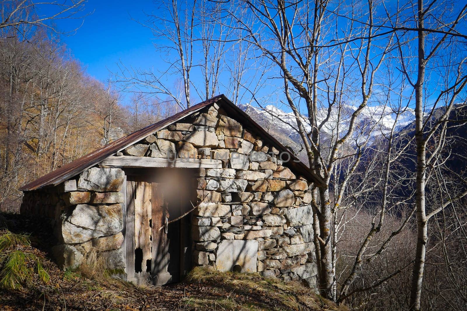 A rustic stone cabin sits against a backdrop of majestic mountains, with skeletal trees surrounding it under a crisp blue sky. The setting conveys tranquility and solitude in nature.