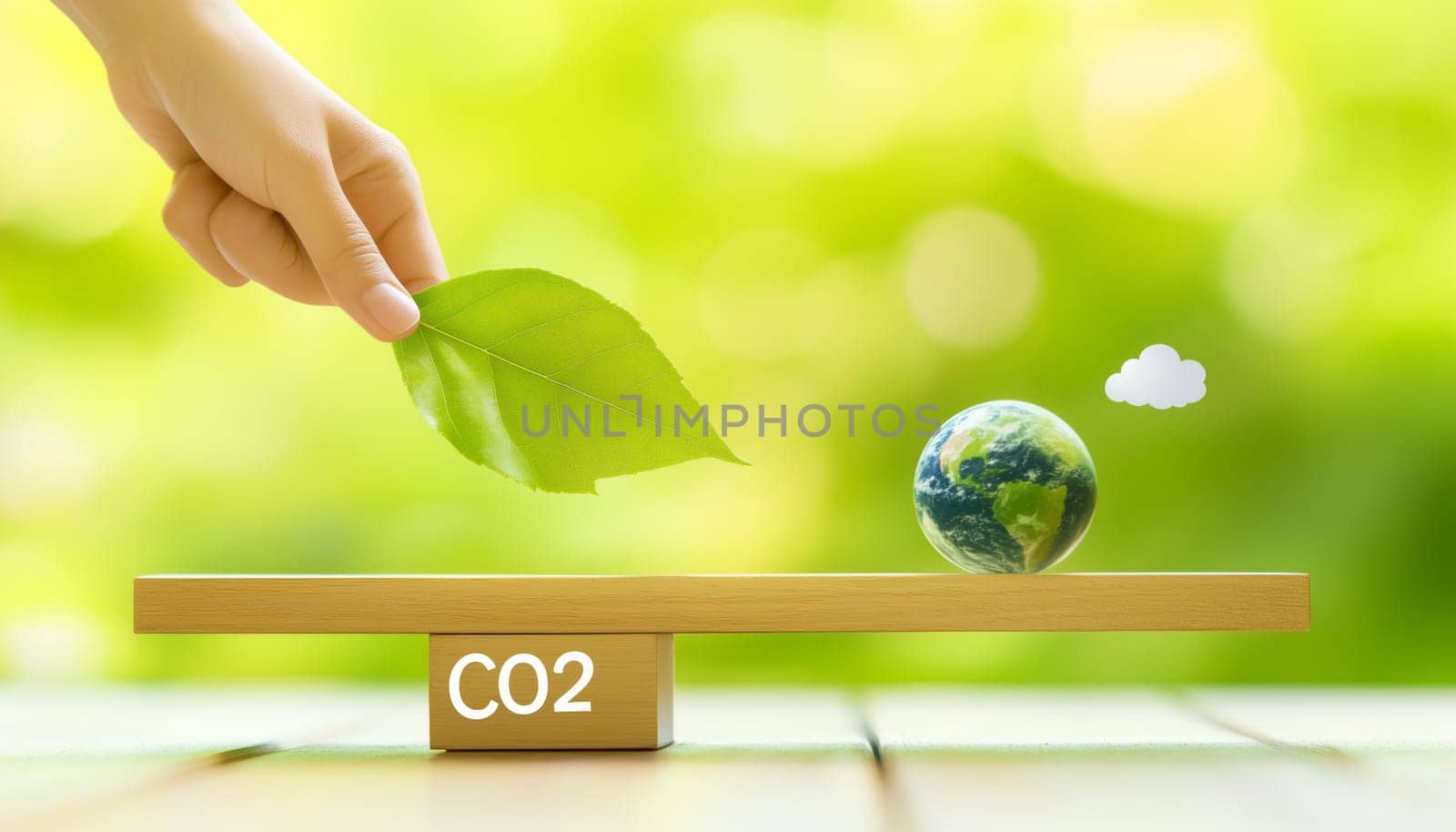Hand putting green leaf on wooden seesaw balancing co2 emissions and planet earth