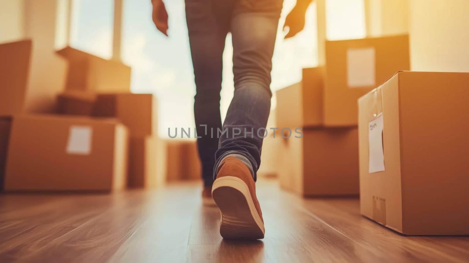 Individual moving through a room filled with packed boxes