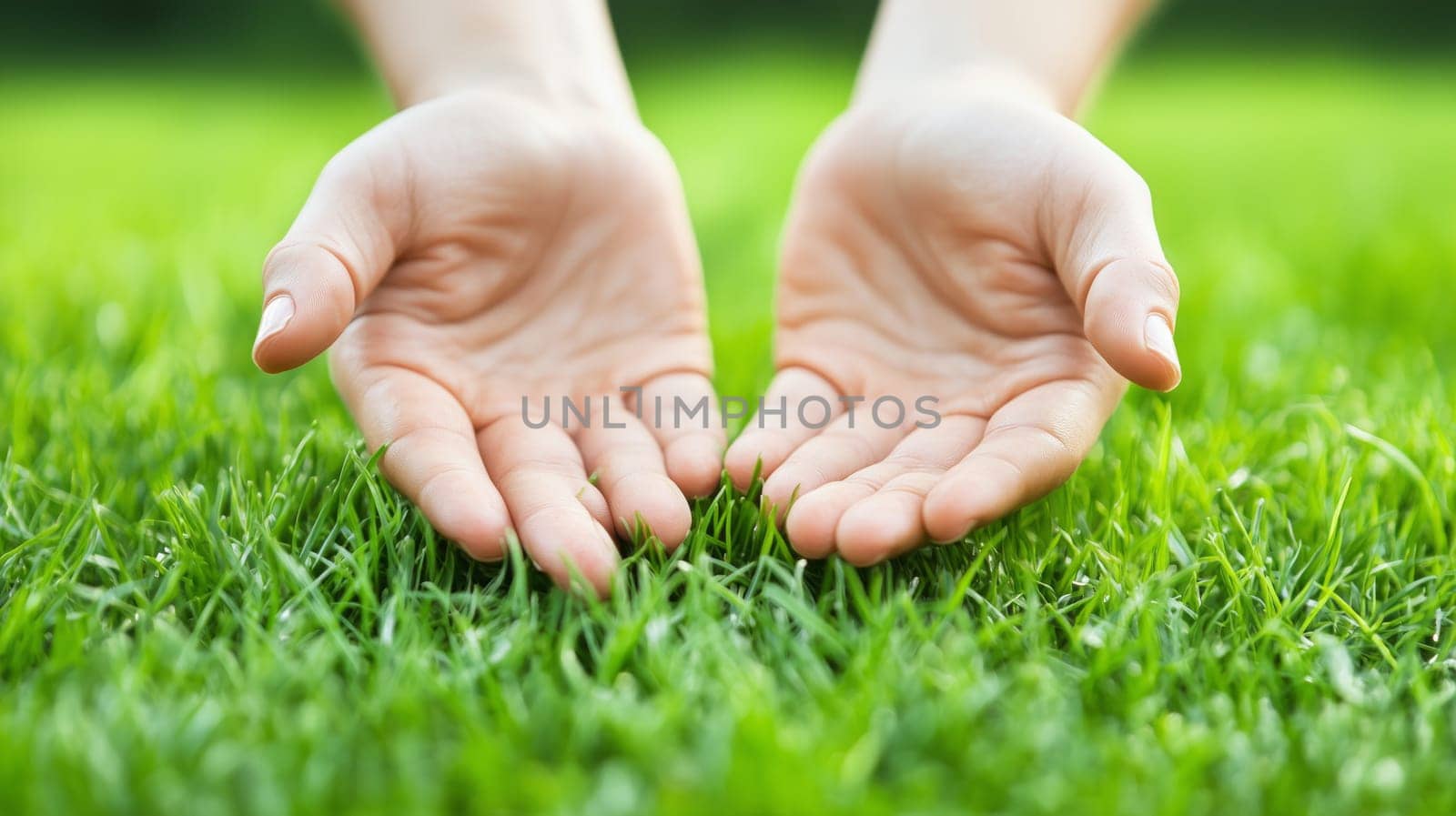 Hands reaching out over vibrant grass, symbolizing connection with nature