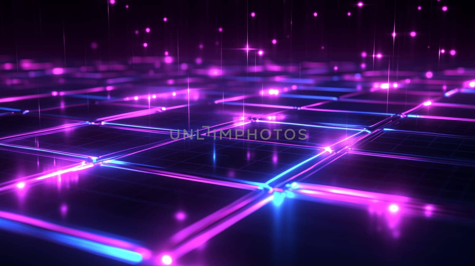 Vibrant neon grid pattern with glowing purple and blue lights