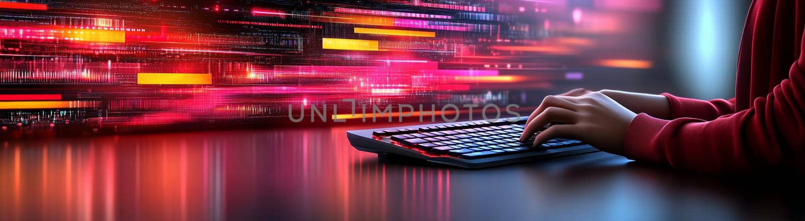 Hands typing on a keyboard with vibrant digital light trails