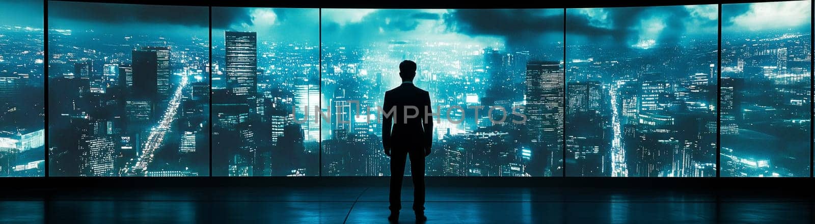 Silhouette of a businessman gazing at a vibrant city skyline