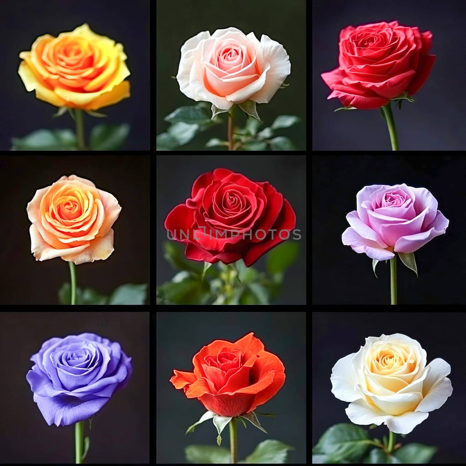 Various colorful blooming roses in a flower collage. AI generated.