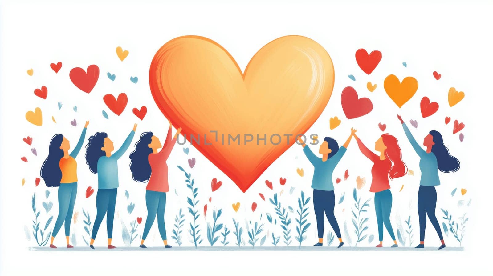 Women holding a big heart and sharing love, showing charity, teamwork, gratitude and kindness