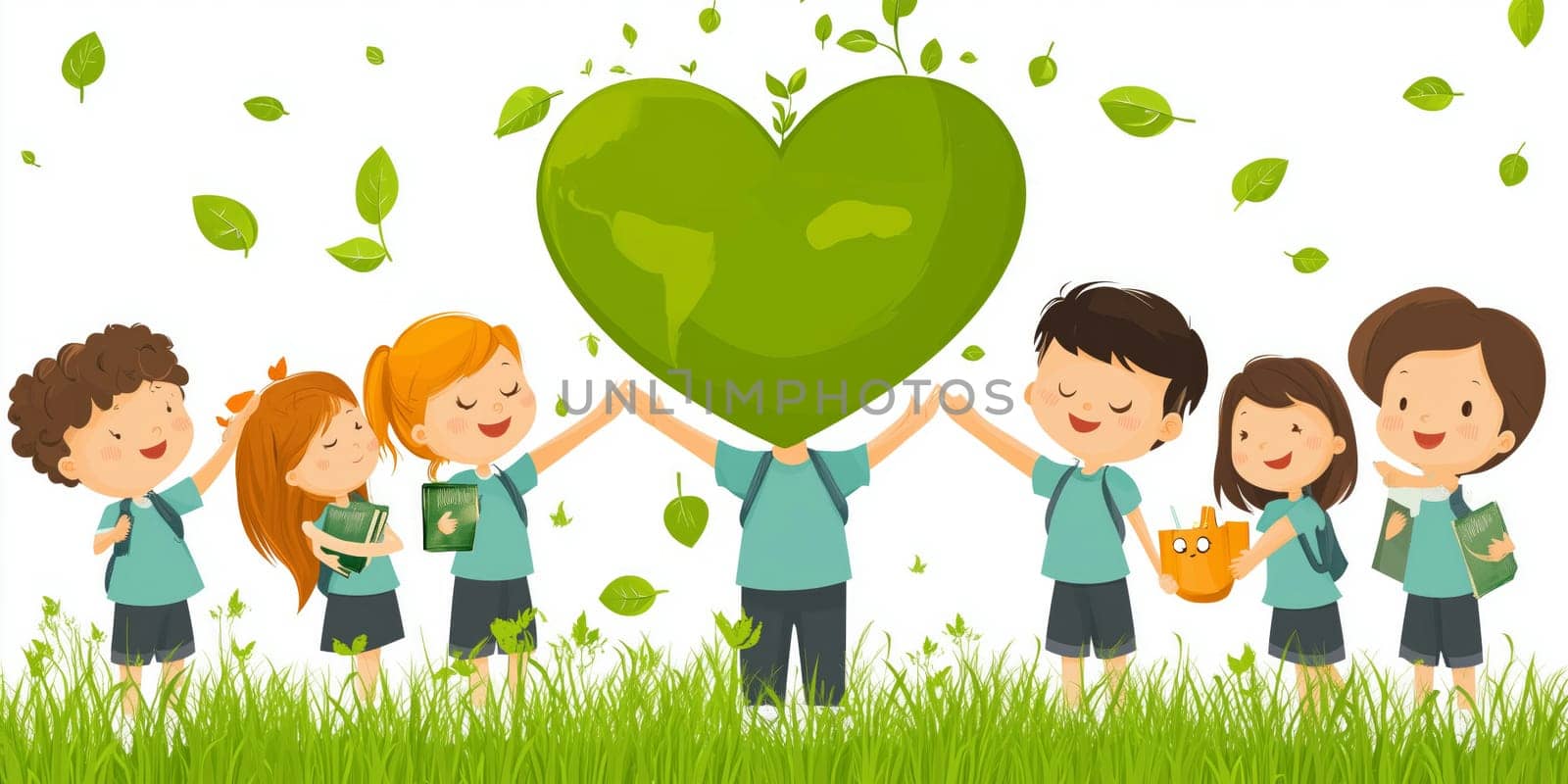 Students holding planet earth in heart shape with falling leaves promoting ecology and environmental awareness