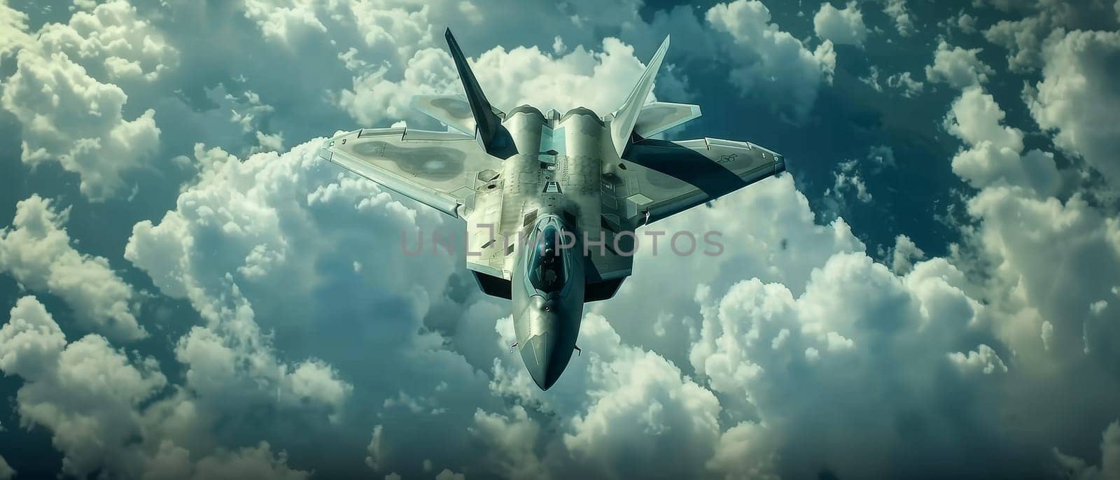 Dominating the skies, this fighter jet hovers with clouds swirling below, showcasing advanced capabilities and dominance in aerial warfare. Highlights its powerful engines and formidable presence