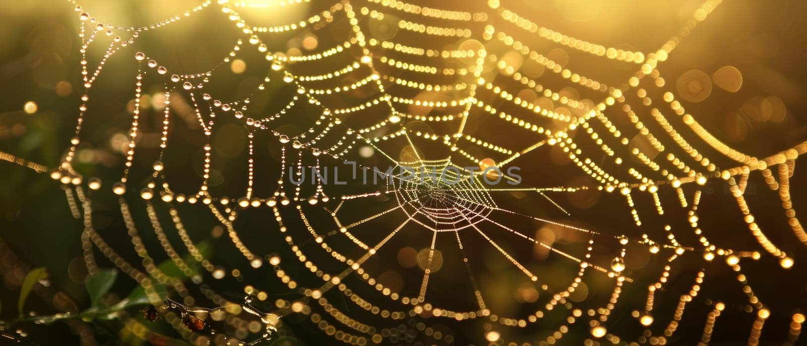 A close-up of a delicate spider web, glistening with dewdrops, stretched across a tree branch