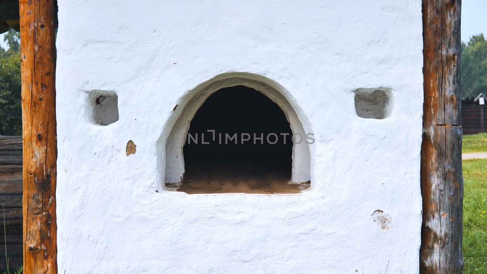 Traditional Russian oven, outdoors under a canopy. The picture was taken in Russia, in the city of Orenburg.