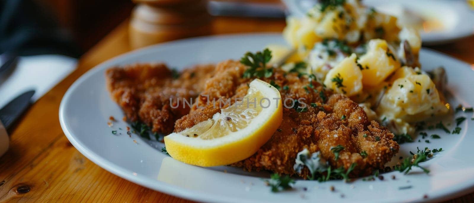A close-up of a breaded and fried schnitzel with a lemon wedge and potato salad on a plate