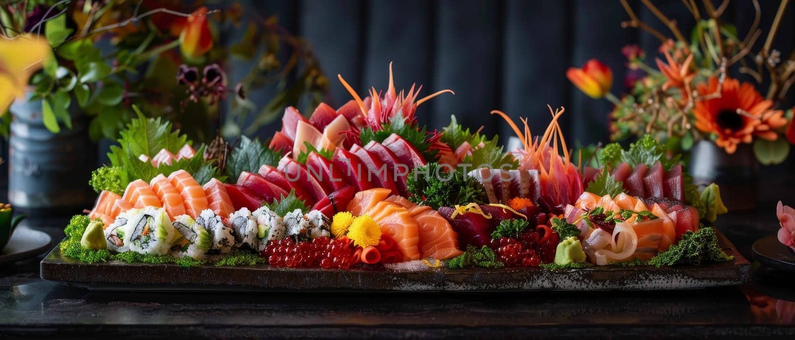 Artistic presentation of assorted sushi with a decorative leaf, on a dark, textured background