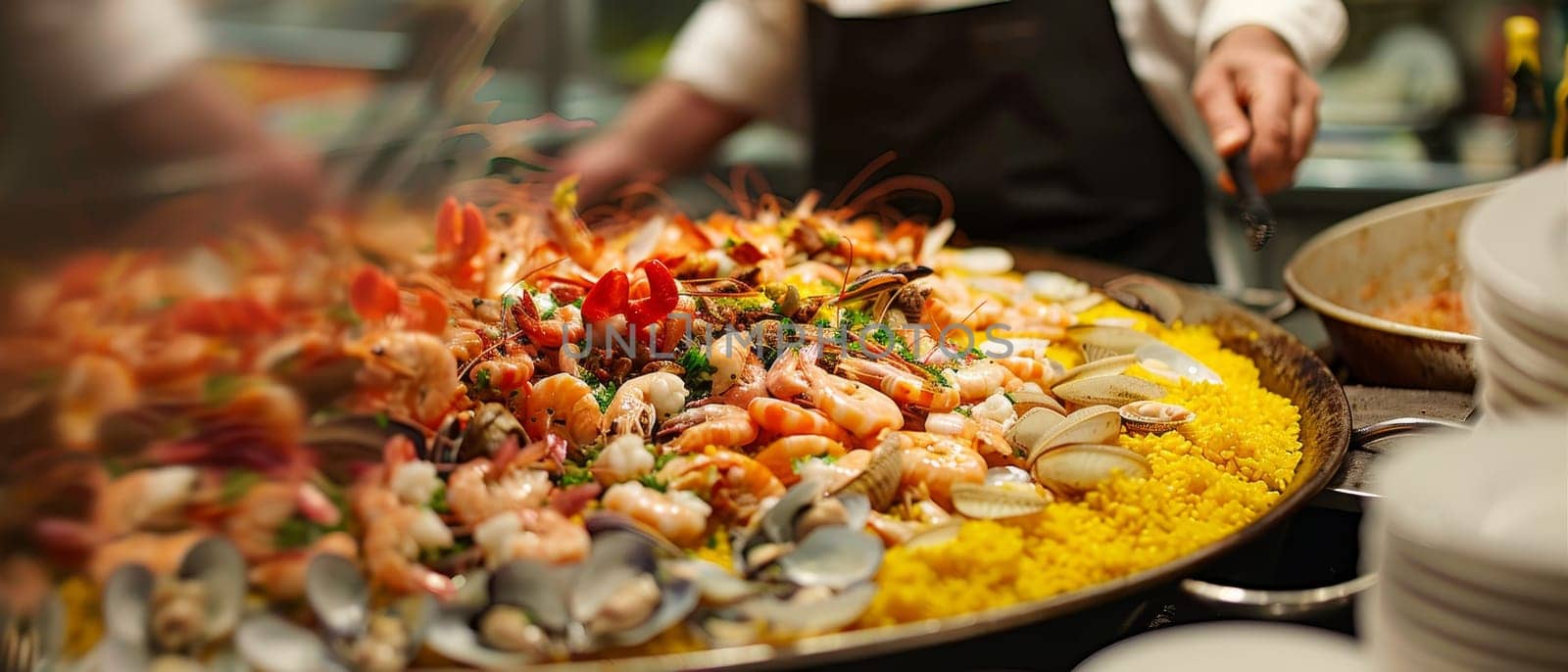Chef preparing a seafood paella, stirring ingredients in a large pan, vibrant colors and steam rising