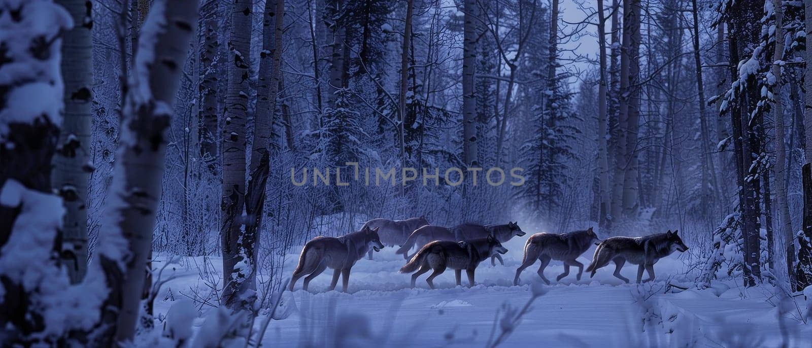 A wolf pack treks through the snow in a dense forest during twilight, showcasing the beauty and wildness of nature.