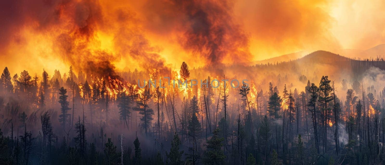 A devastating wildfire ravages through a dense forest, with flames and smoke billowing under a dramatic sky.
