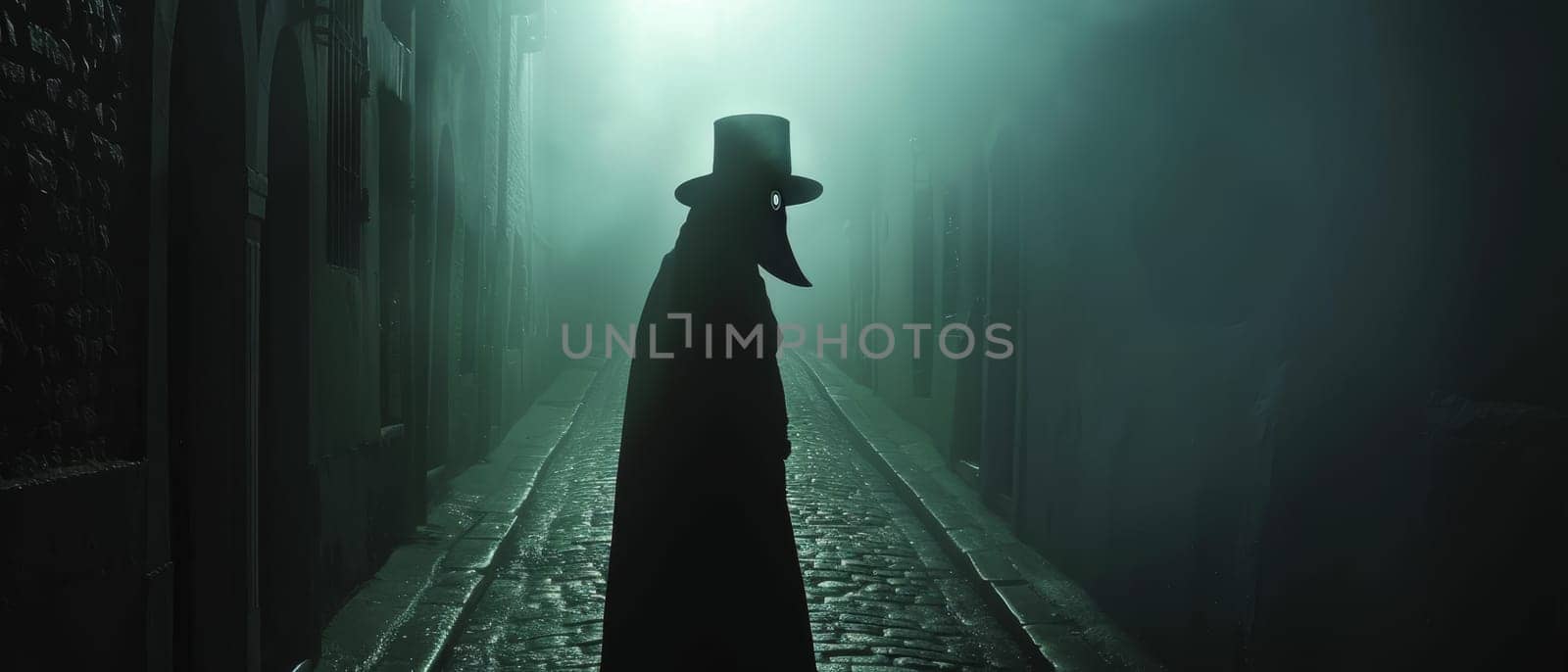 A cloaked figure stands ominously in a foggy, dimly lit alleyway at night, evoking a mysterious and eerie atmosphere.