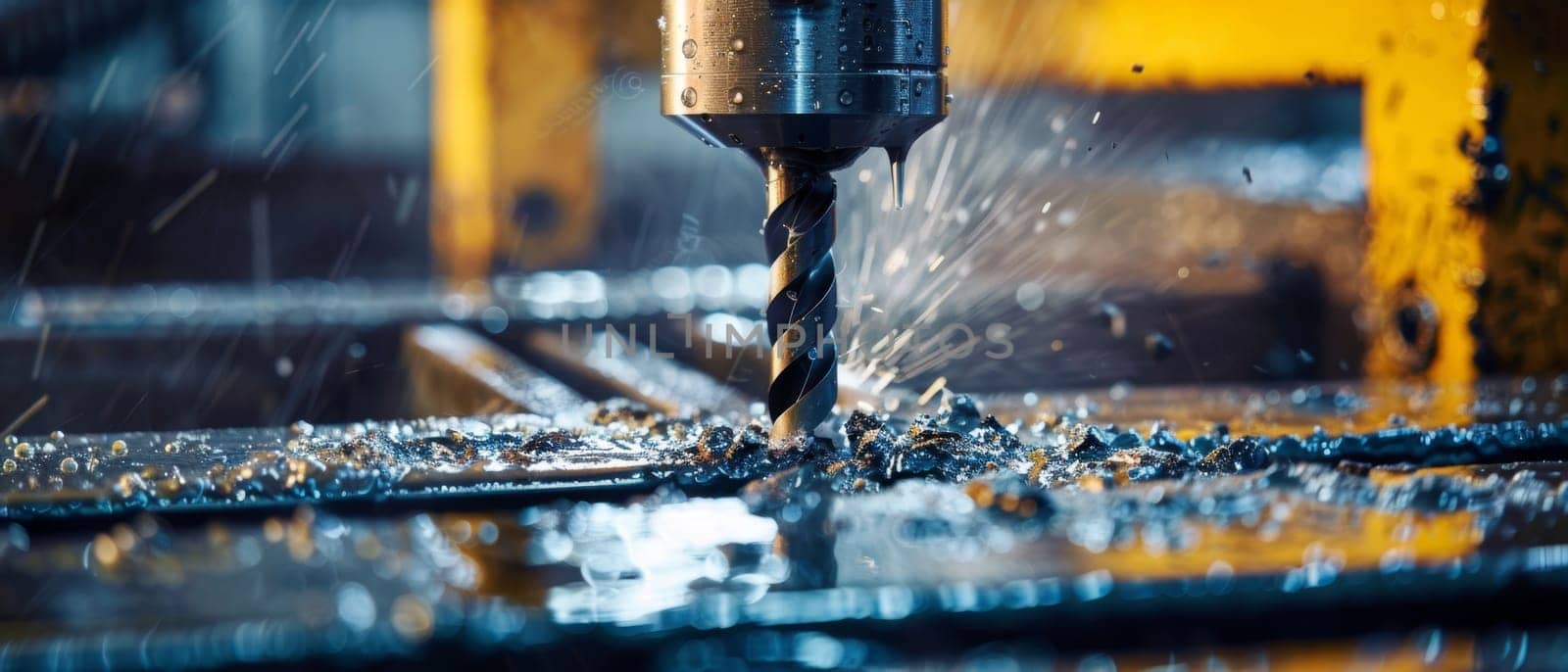 Wide shot of a powerful industrial drill in action, creating a shower of golden sparks, capturing the dynamism of machine work