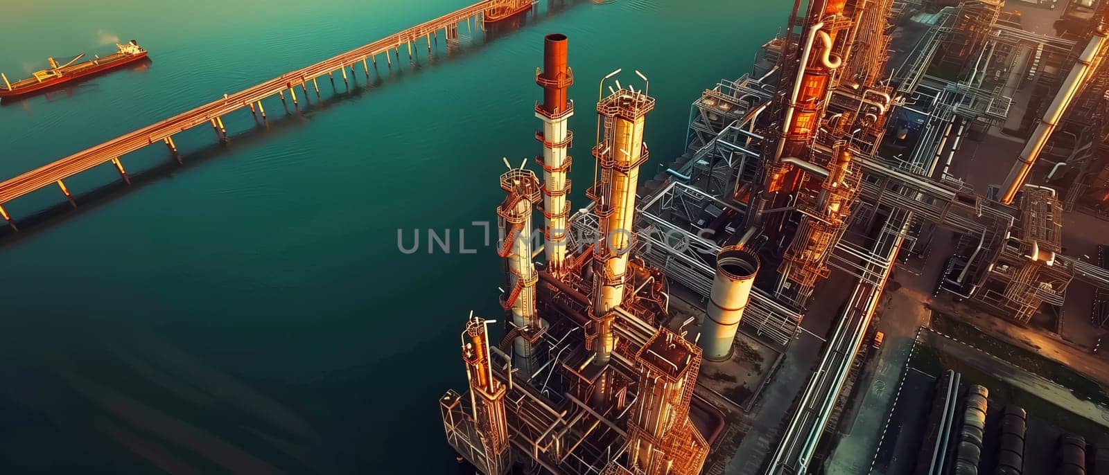 Aerial view of an industrial pier and oil refinery at sunset, showcasing the interplay of warm light on metal structures.