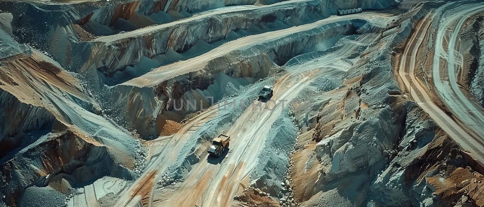 Aerial view displaying heavy-duty mining trucks navigating through the vast and textured landscape of an open mine
