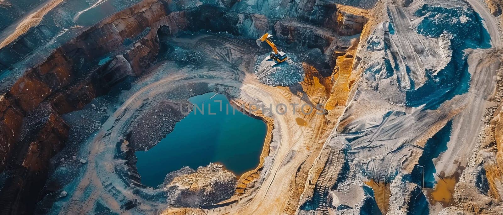 Overhead shot capturing the stark beauty and industry of an open pit mining operation, with distinct water accumulation at the bottom
