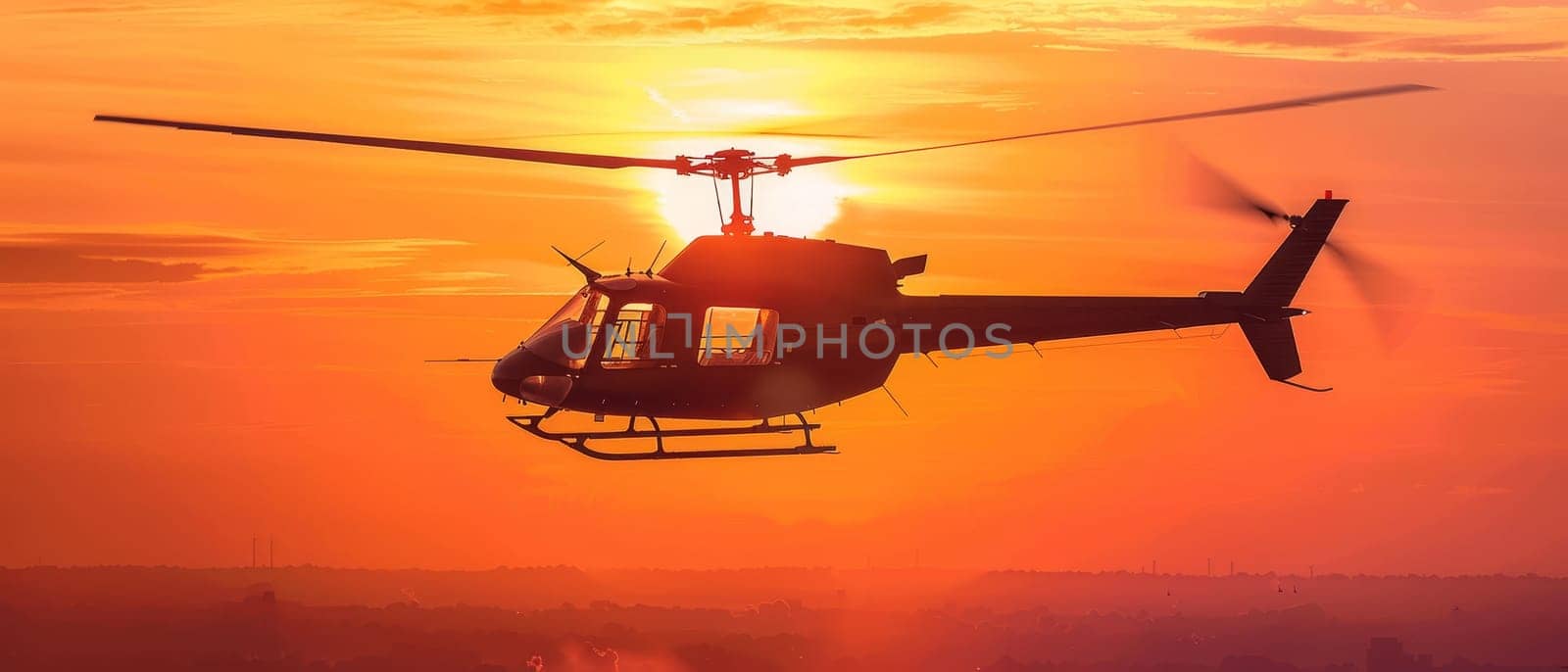 A helicopter in flight is silhouetted against a breathtaking sunset, showcasing the beauty of aviation and nature's backdrop