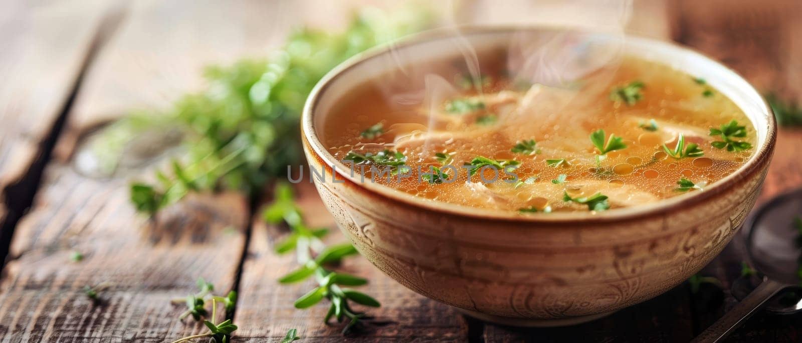 The golden hour light enhances the steam rising from a bowl of soup, surrounded by scattered herbs