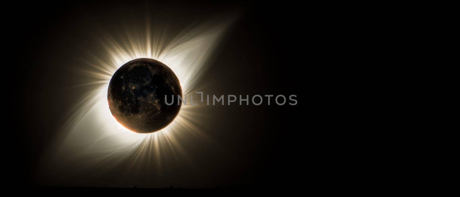 A stunning solar eclipse above a serene mountain range, where the sun's crown peeks behind the moon's silhouette creating a captivating corona effect