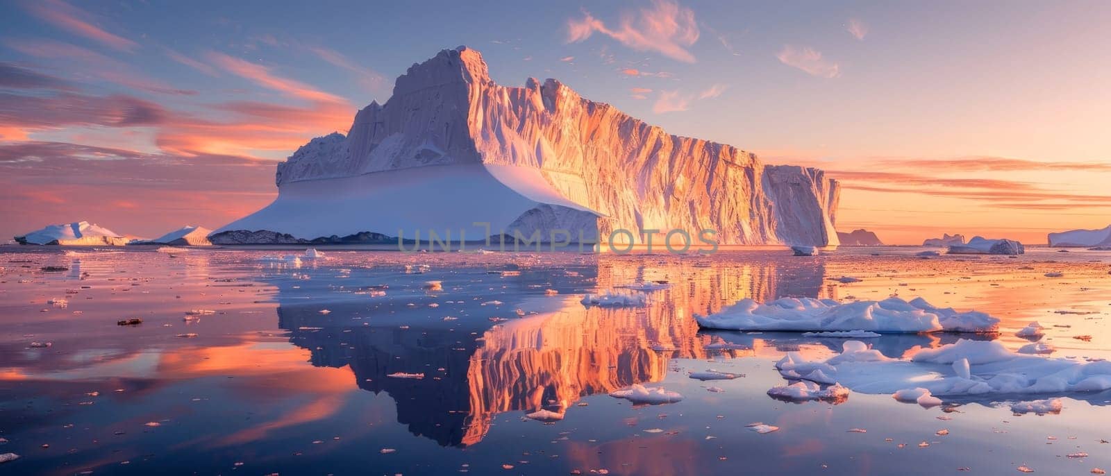 The last rays of the sun highlight the edges of an imposing iceberg, offering a breathtaking view against the vibrant backdrop of a setting sun
