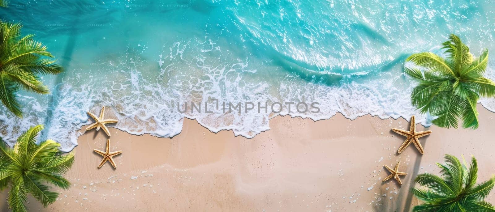 Expansive beach view with foamy waves and scattered starfish, framed by lush palm trees. Copy space for advertising, presentation product or text