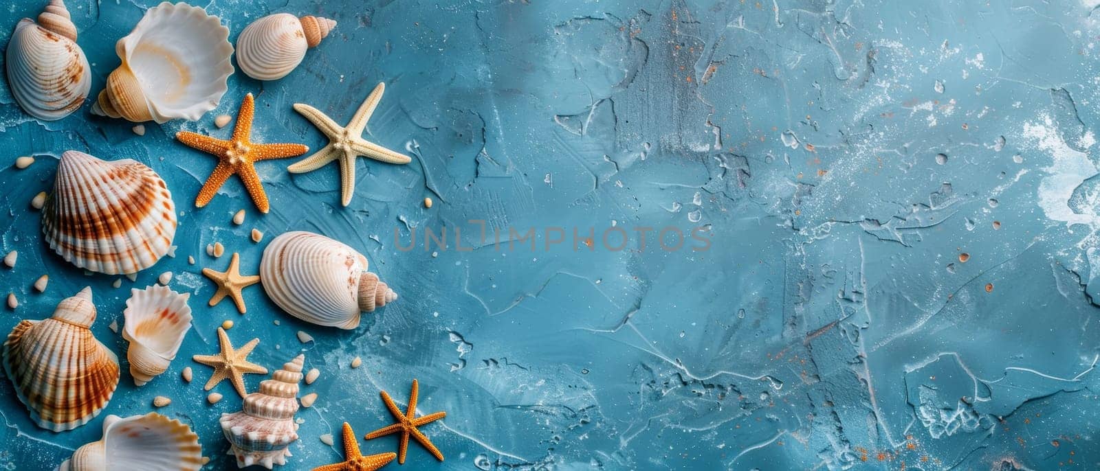 This image showcases a rich collection of seashells and starfish, spread on a textured aqua background, perfect for themed layouts. Copy space for advertising, presentation product or text