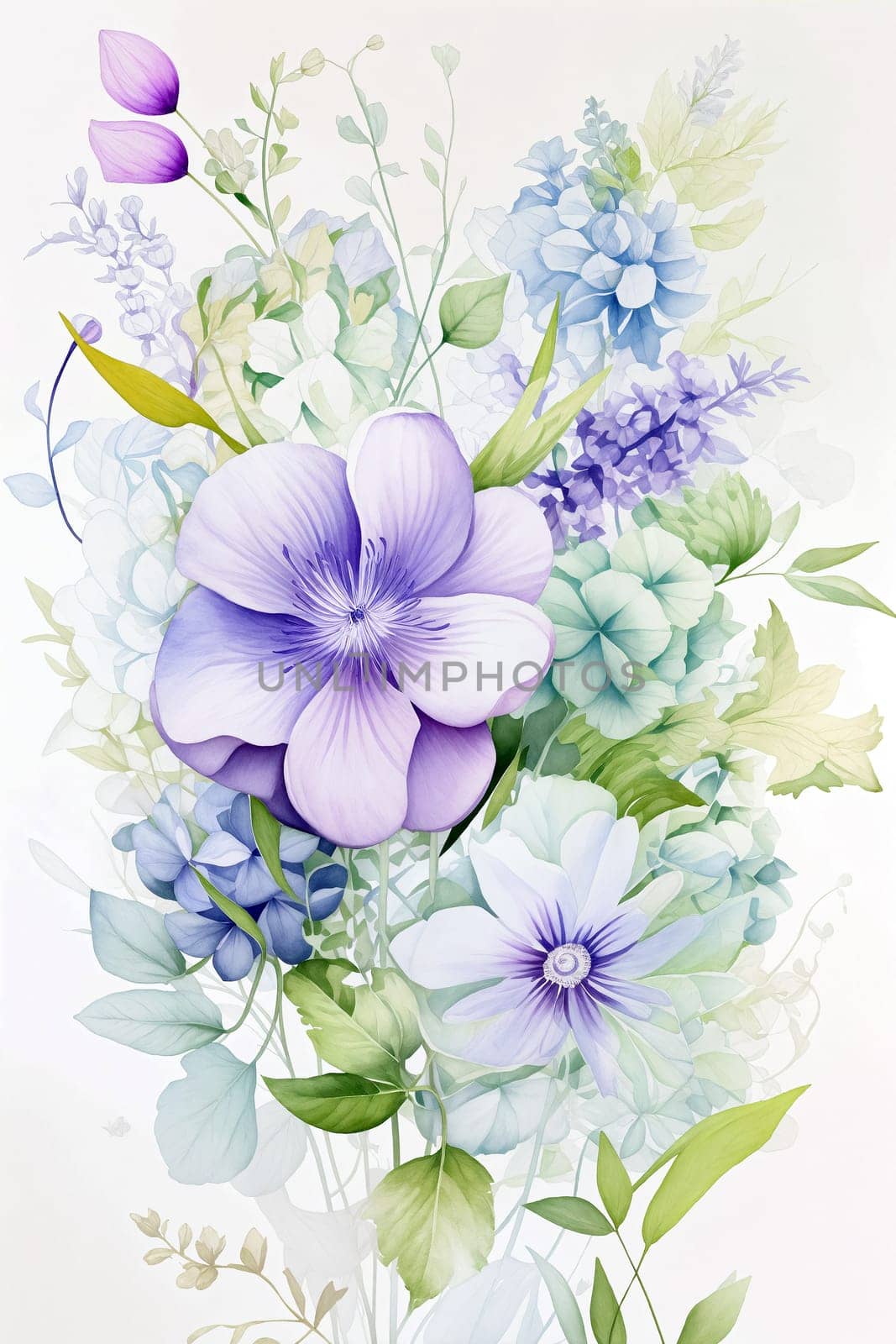 Vibrant purple and blue flowers are artistically arranged with delicate leaves against a pale backdrop, creating a serene and elegant display - Generative AI