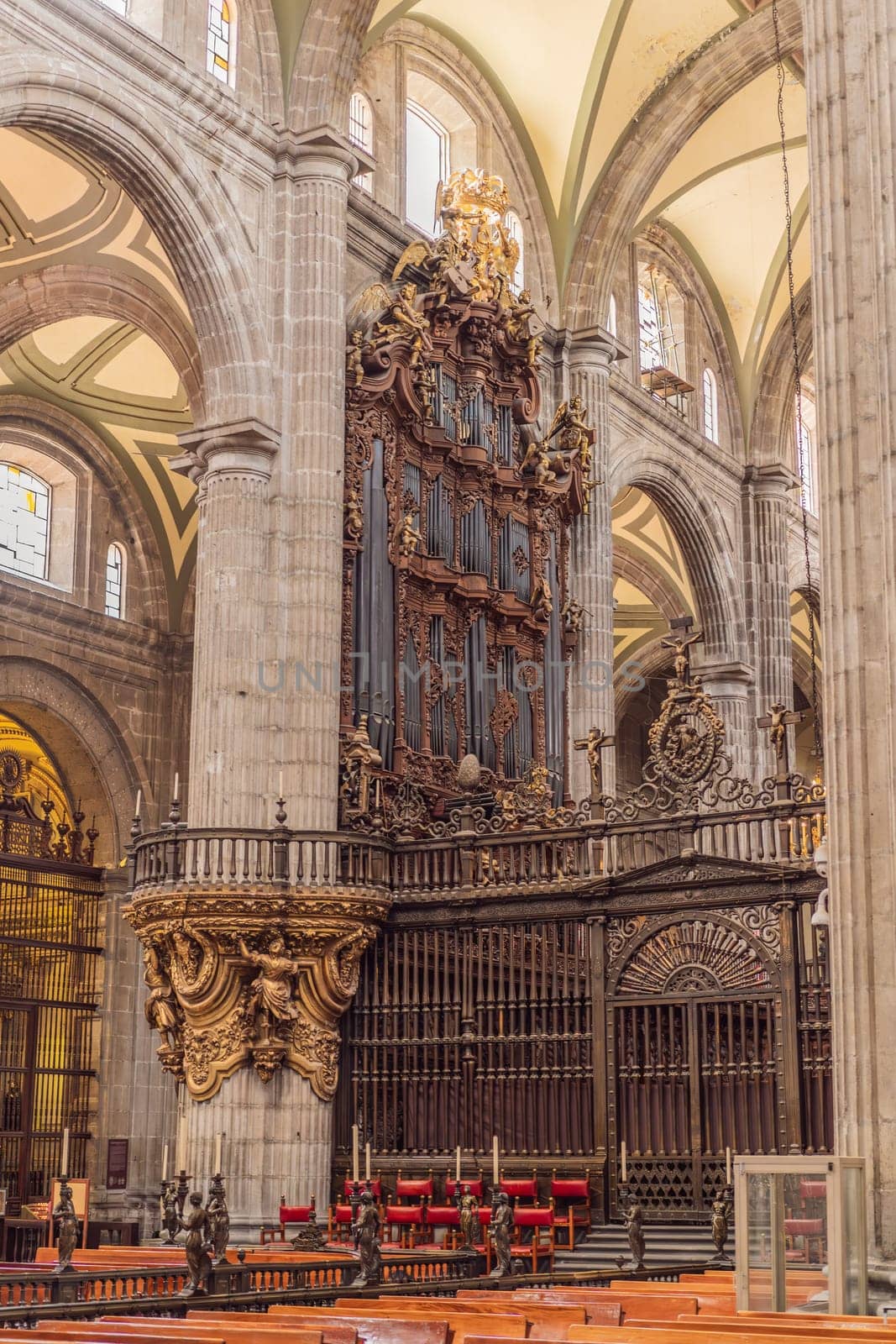 Majestic view of Mexico City Metropolitan Cathedral, a historic architectural landmark. Heritage, religion, and cultural tourism in Latin America. Symbol of history and faith in Mexico.