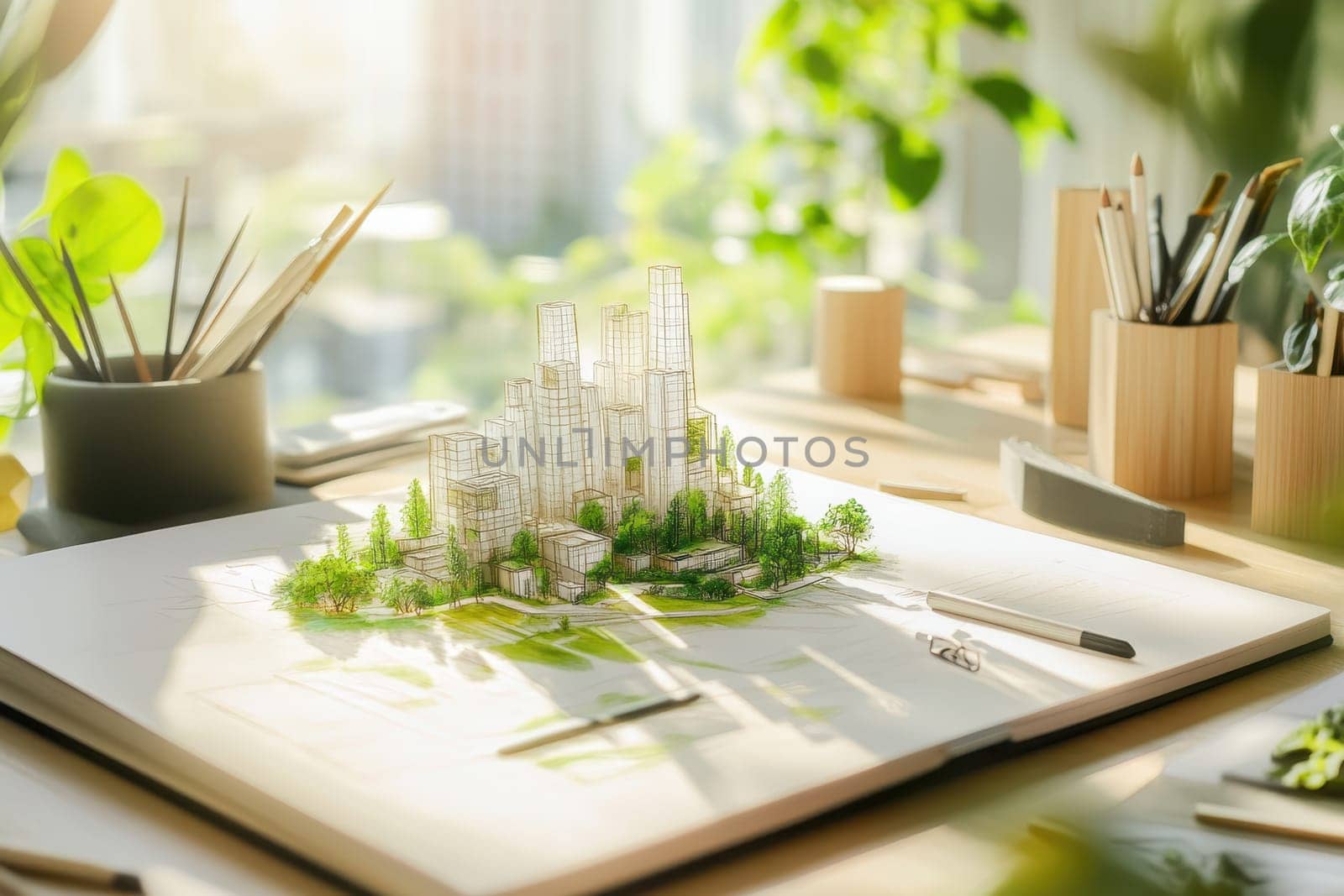 A detailed urban landscape model sits on a desk surrounded by greenery and natural light, showcasing architectural creativity in a modern workspace.