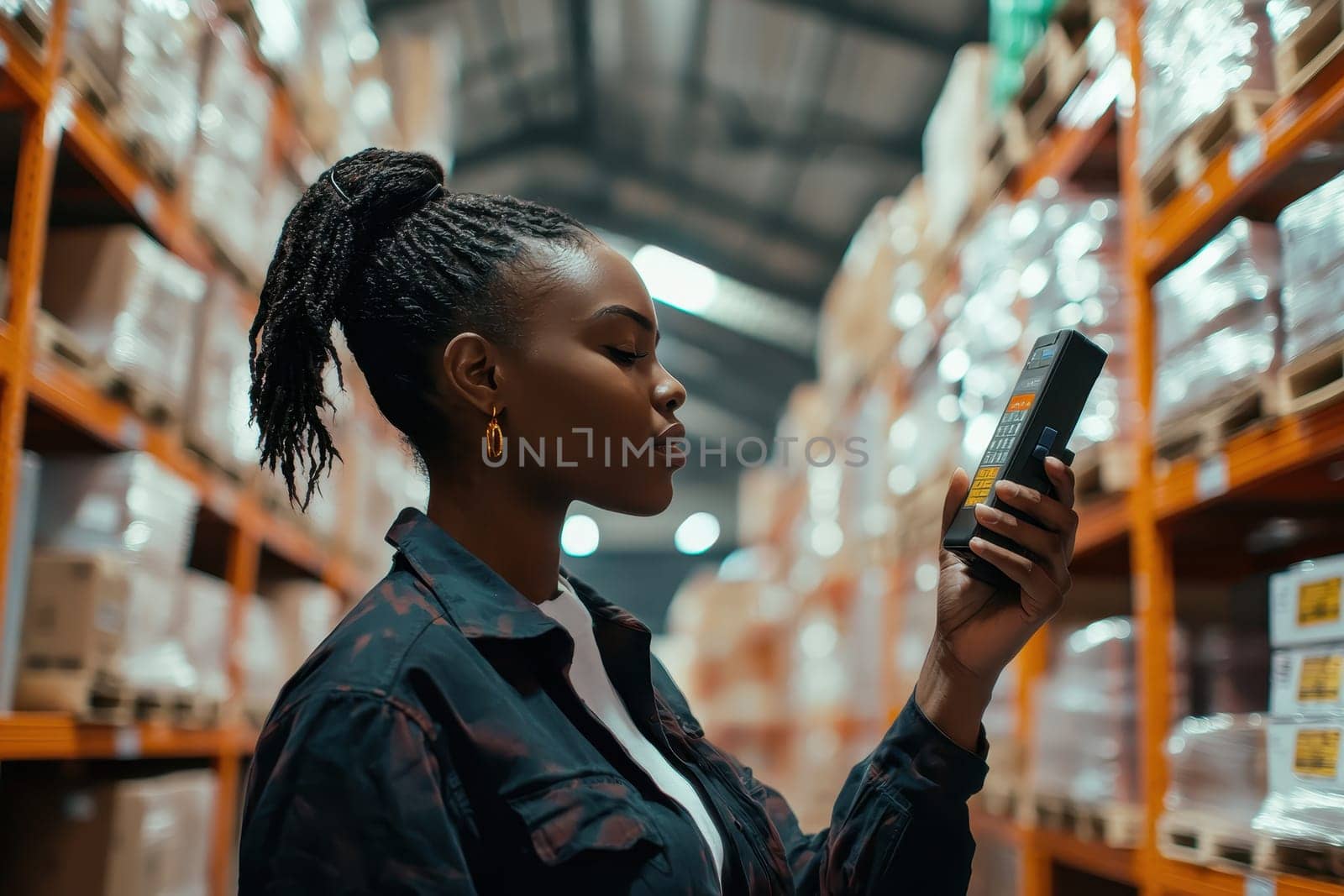 A focused woman in casual attire operates a handheld scanner in a spacious warehouse filled with shelves. The scene emphasizes logistics and efficient inventory management.