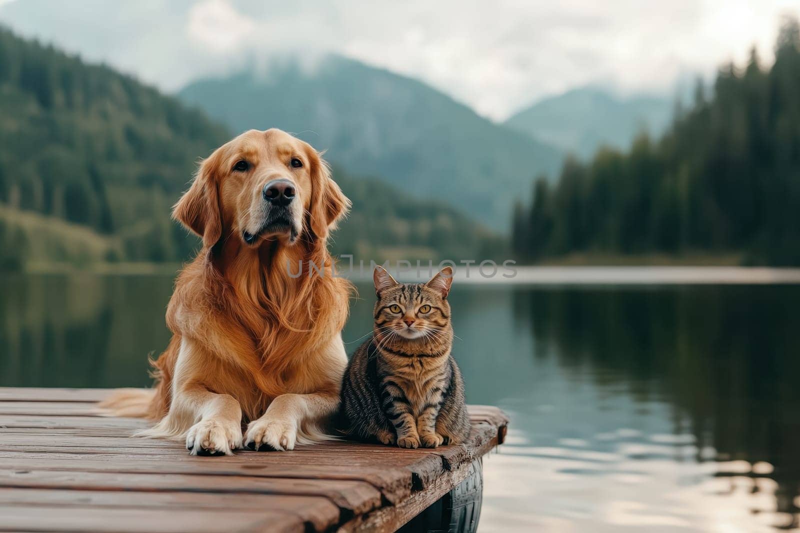 A heartwarming scene of a golden retriever and a tabby cat sitting side by side on a wooden dock by a calming lake, surrounded by lush nature.