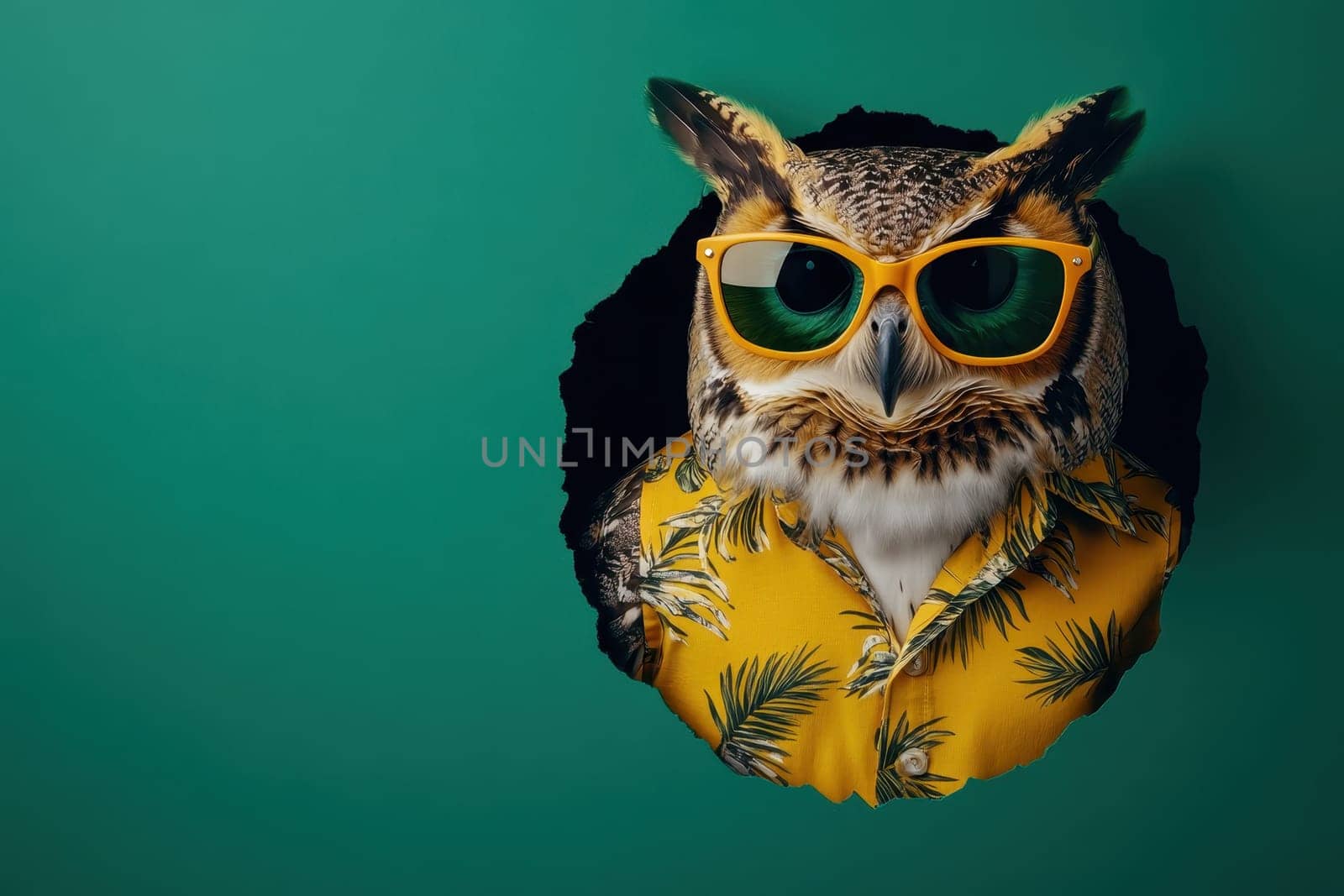 A cartoon owl wearing sunglasses and a yellow shirt. The owl is looking at the camera. The image has a fun and playful mood