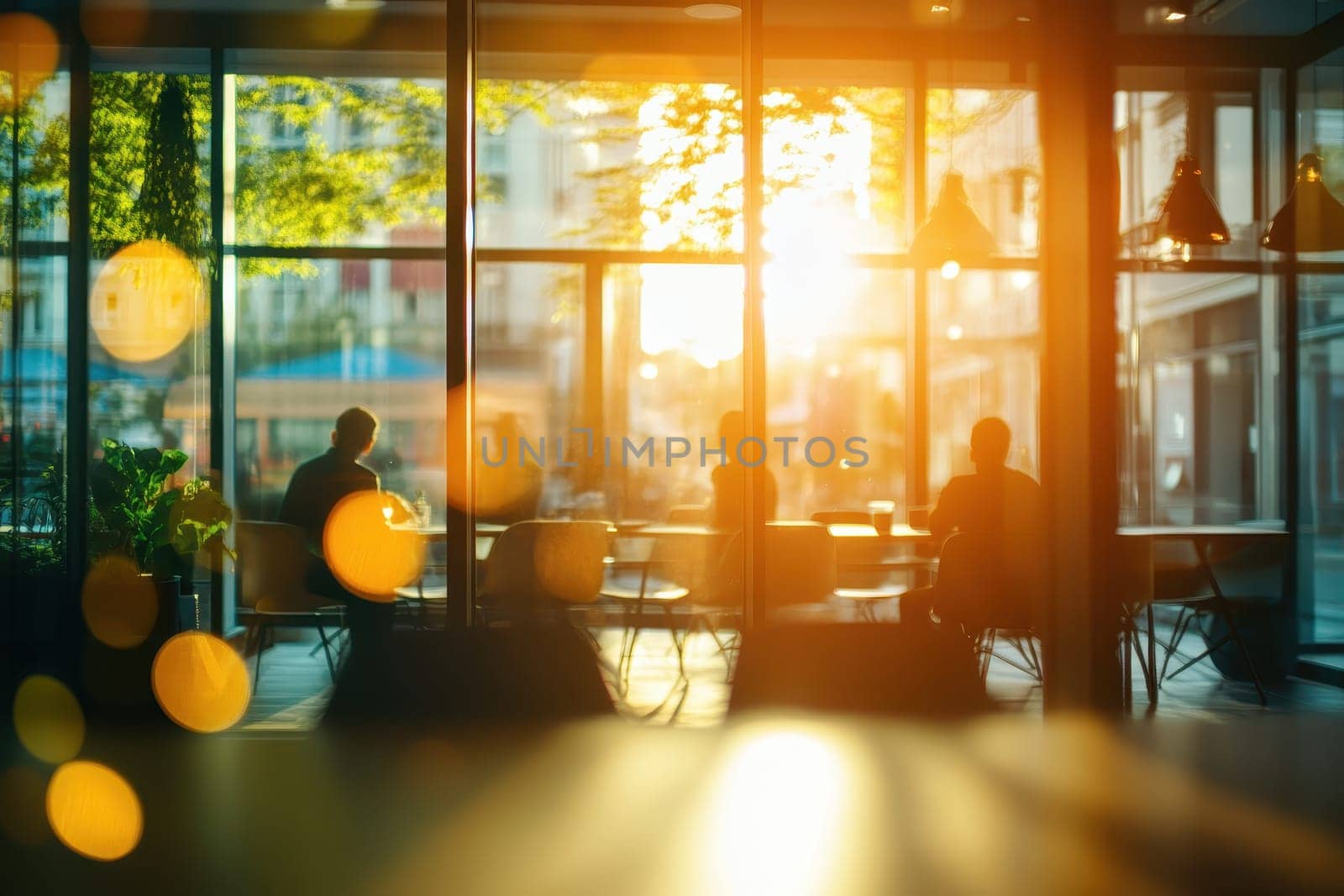 A cozy cafe interior featuring soft sunlight streaming through large glass windows, creating a warm ambiance as patrons enjoy their moments.