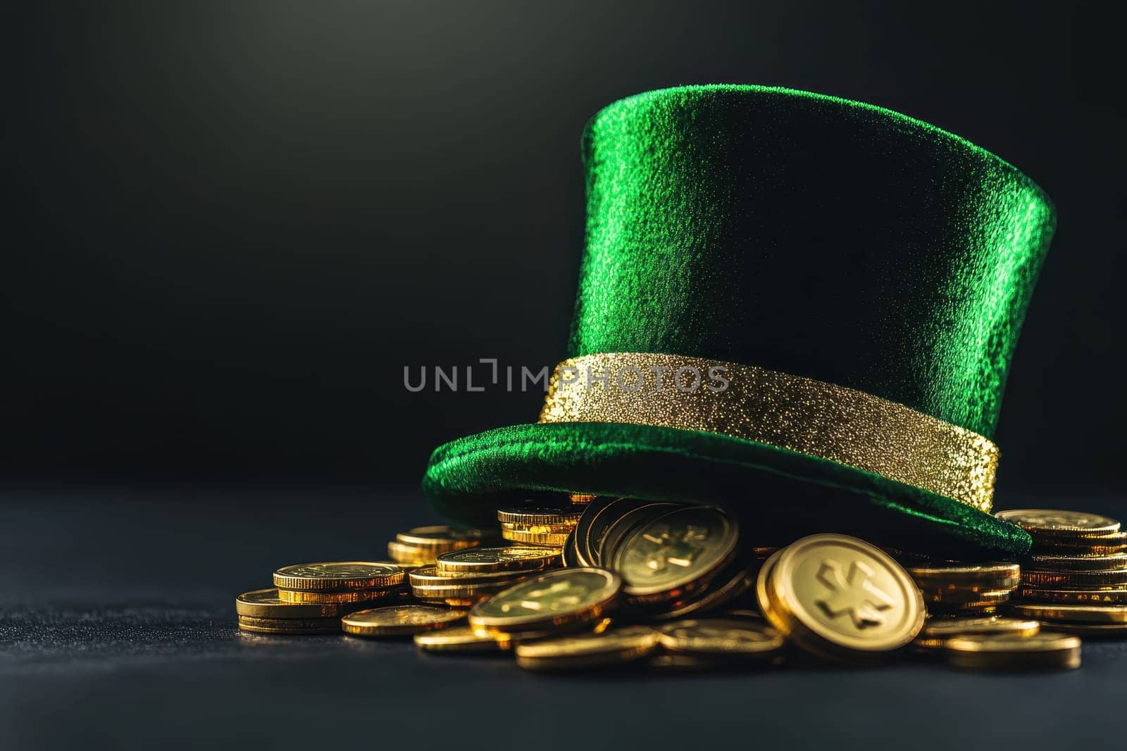 A green hat with gold trim sits on top of a pile of gold coins. The hat and coins are arranged in a way that creates a sense of abundance and prosperity. The image conveys a festive