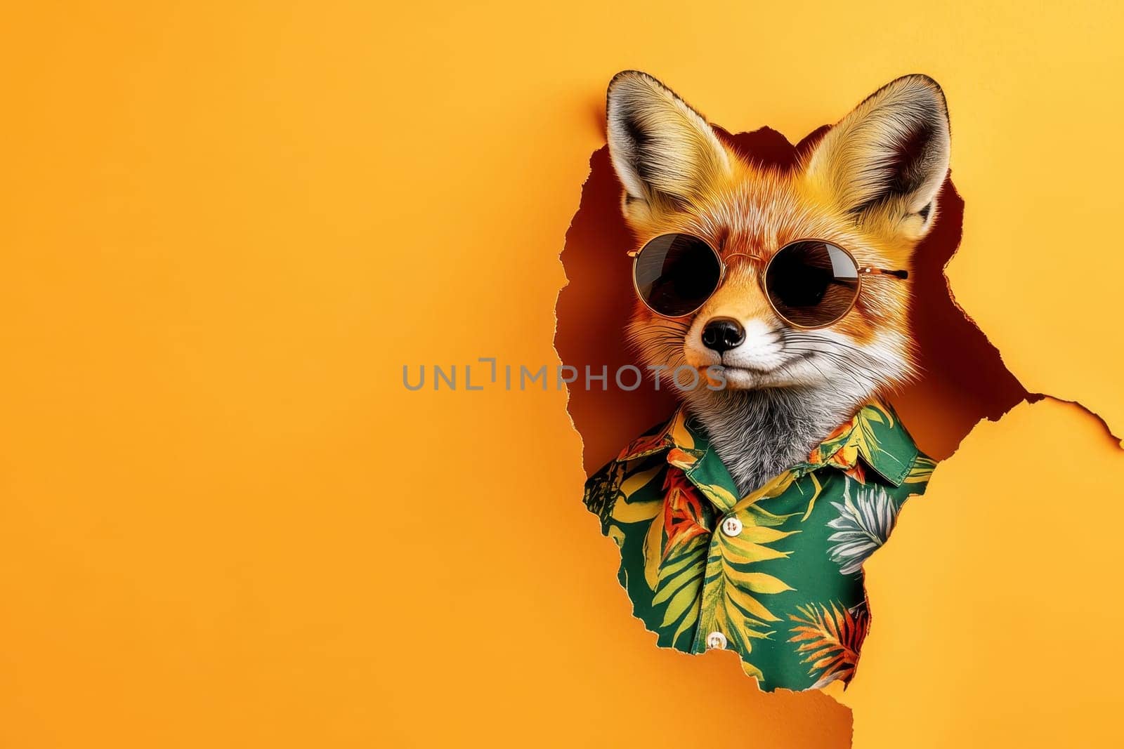 A creative illustration of a stylish fox wearing sunglasses and a tropical shirt, peeking through a bright yellow wall. This playful design exudes joy and adventure.