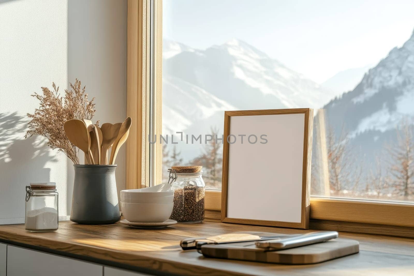 A serene kitchen scene showcasing a blank frame, wooden utensils, and a breathtaking mountain view. The sunlight filters through the window, creating a warm and inviting atmosphere.