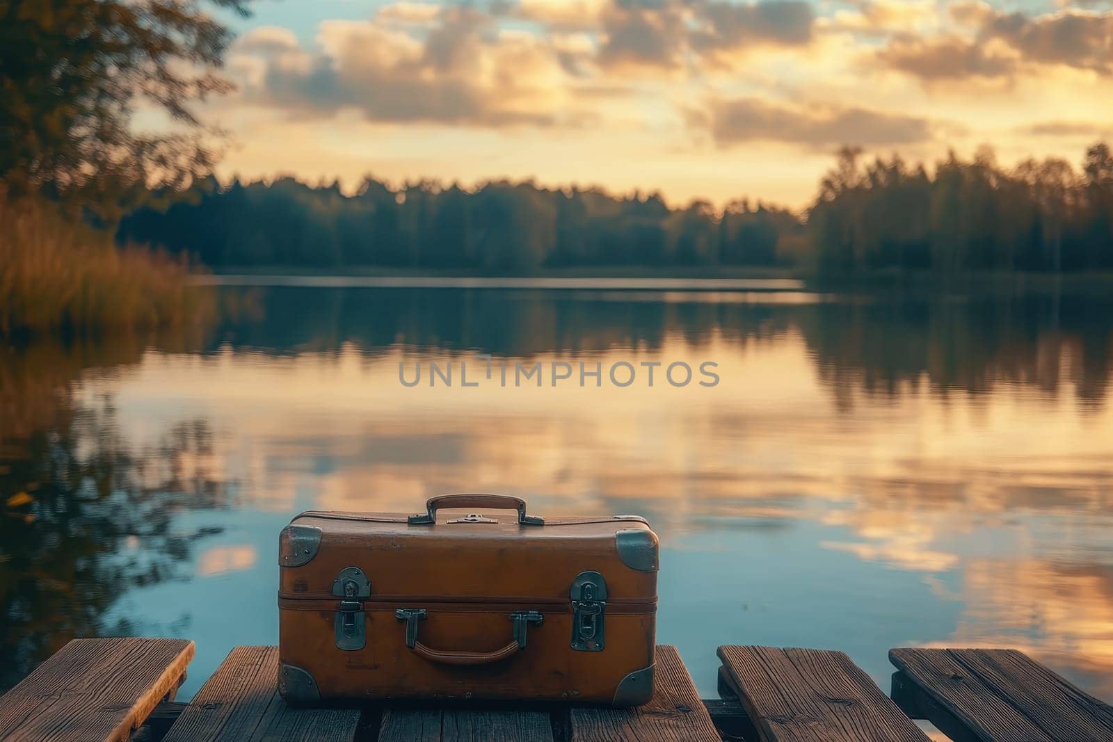 A vintage suitcase rests on a wooden pier beside a tranquil lake at sunset, creating a nostalgic scene filled with warm colors and serene reflections.