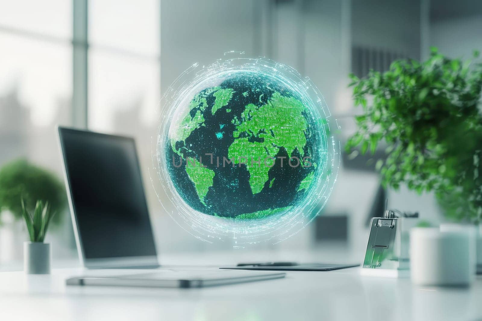 A modern workspace featuring a digital globe that showcases green data insights, representing technology and sustainability in a contemporary office environment.