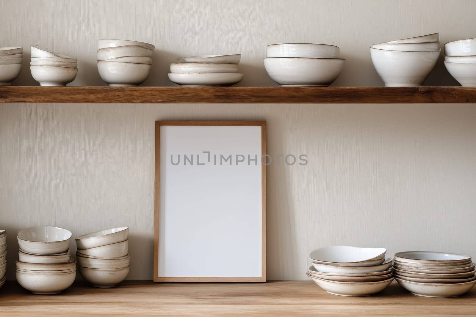 A stylish arrangement of various ceramic bowls and plates on wooden shelves, complemented by an empty frame ready for personal touches, perfect for home decor inspiration.