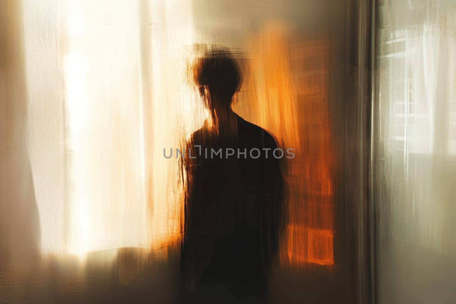 This abstract portrait captures a solitary figure enveloped in soft warm light, evoking emotion and introspection through blurred outlines and atmospheric depth.