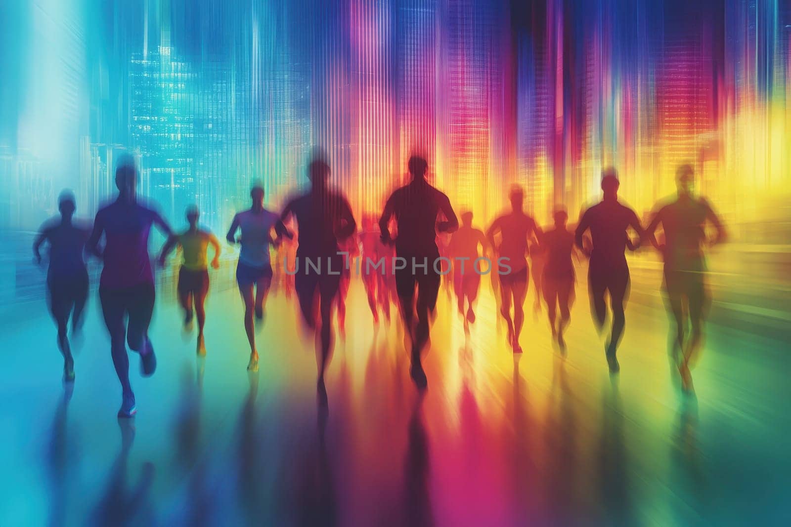 An energetic scene capturing the silhouettes of runners moving through a colorful urban landscape at night. The vibrant hues and dynamic lighting create a sense of motion and vitality.