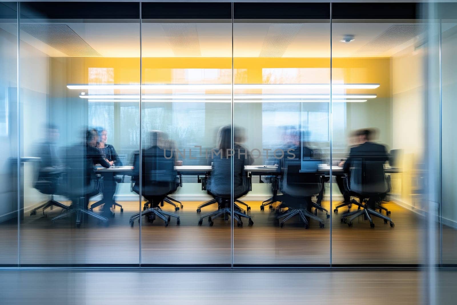 This image captures a blurred view of a meeting room where business professionals are engaged in discussion. The modern workspace features a conference table and a vibrant backdrop.