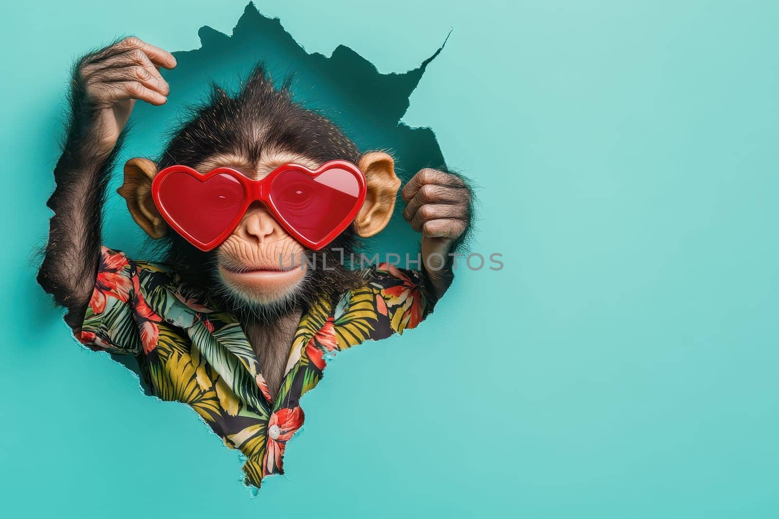 A vibrant and playful monkey sports heart-shaped sunglasses and a tropical shirt while breaking through a colorful wall, creating a fun and whimsical scene.